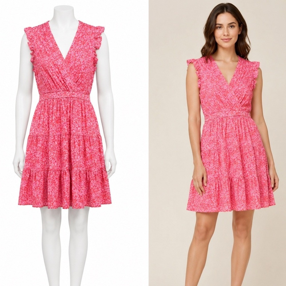 Rachel Zoe Mini Dress Womens 10 Pink Orange Floral Ruffle Tiered Faux Wrap Neck